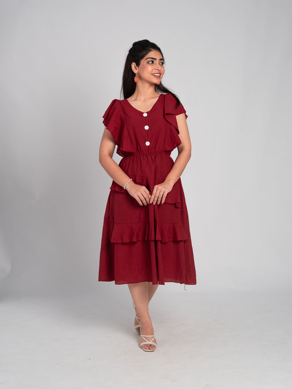 Plain Maroon Coloured Button Front Style Maxi
